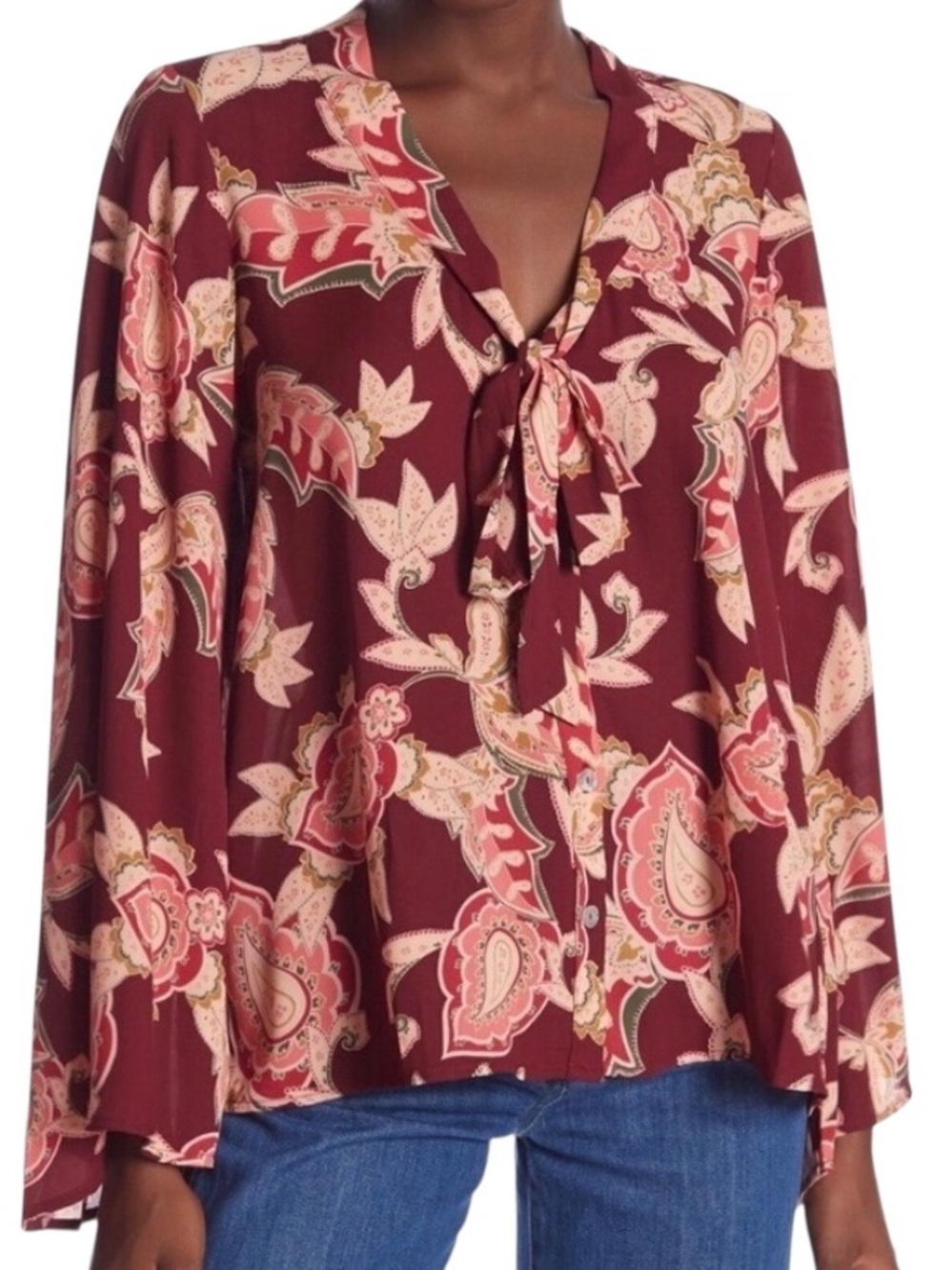 Show Me Your Mumu Brynn Tie Neck Blouse Vino Paisley